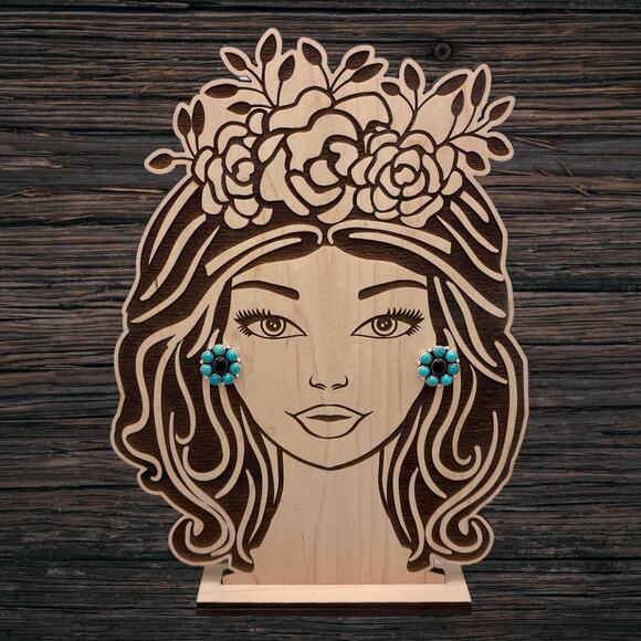 FEDERICO JIMENEZ Sterling Silver Turquoise & Onyx Cluster Flower Post Earrings - Picture 3 of 3